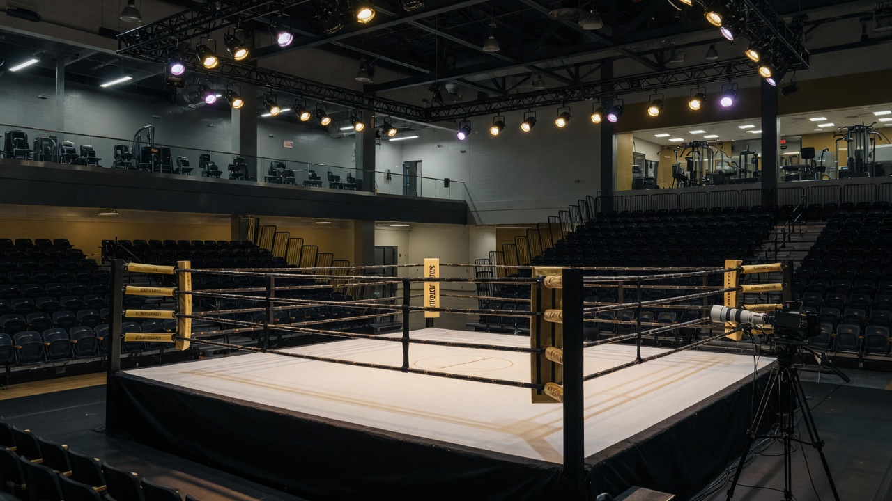 Championship boxing ring under arena lights