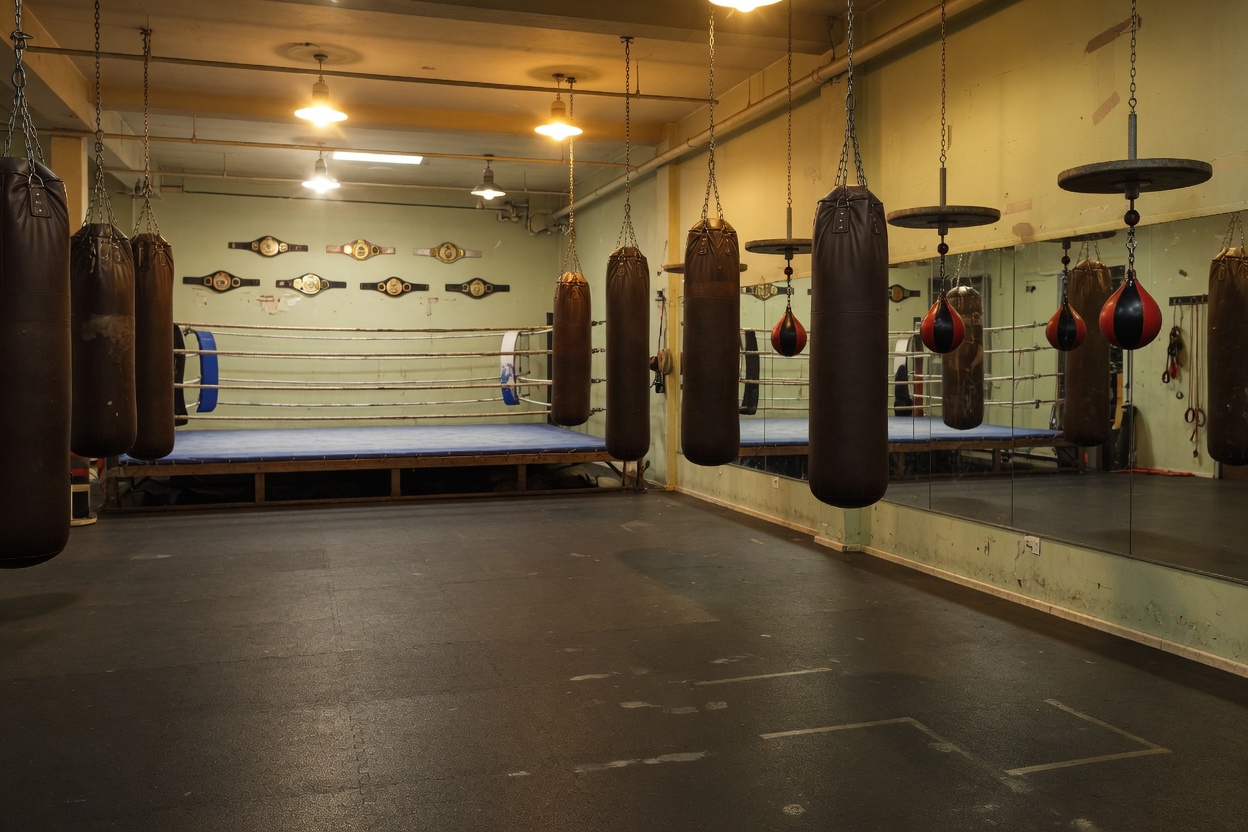Training floor with heavy bags and a boxing ring