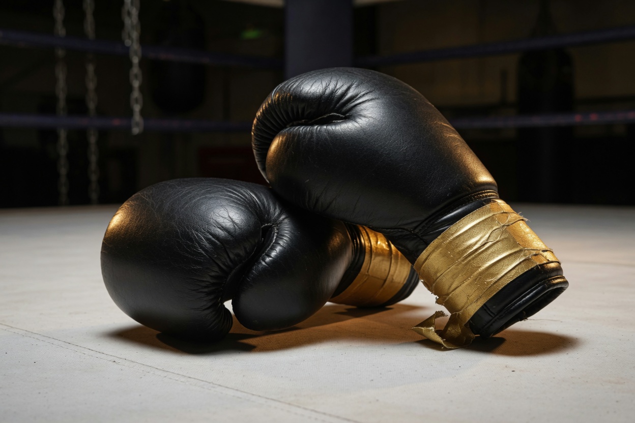 Black boxing gloves with gold wrist tape