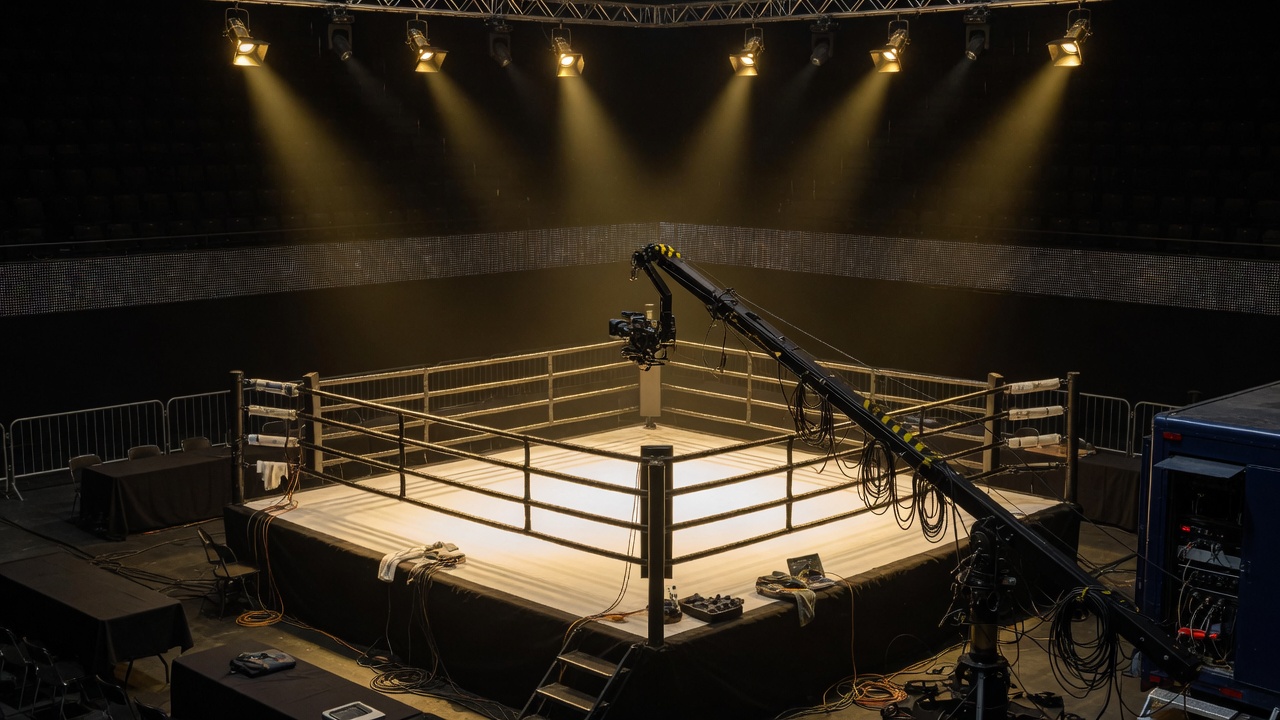 Broadcast boxing ring under gold spotlights